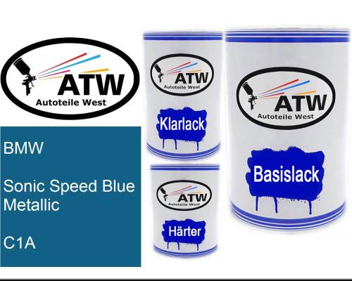 BMW, Sonic Speed Blue Metallic, C1A: 500ml Lackdose + 500ml Klarlack + 250ml Härter - Set, von ATW Autoteile West.